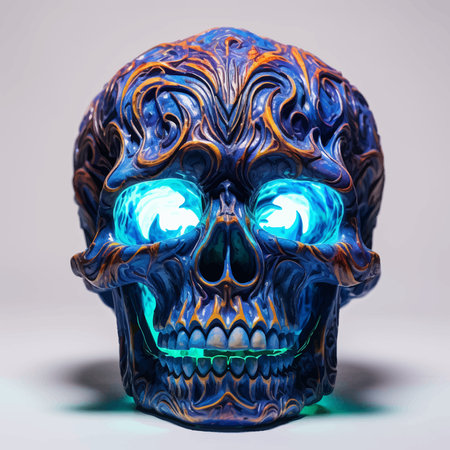 Human skull. Skull in blue and orange flames. Skull with fire and flames on dark. Fantasy. Danger and death. Blue smoke. Skull with fire effect. Halloween concept. 3D digital artの素材
