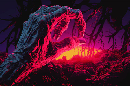 Monster hand with claws. Zombie hand coming out of the ground. Zombie hands. Hand in the forest with scary spooky trees. Neon light. Horror Night scene. Halloween conceptの写真素材