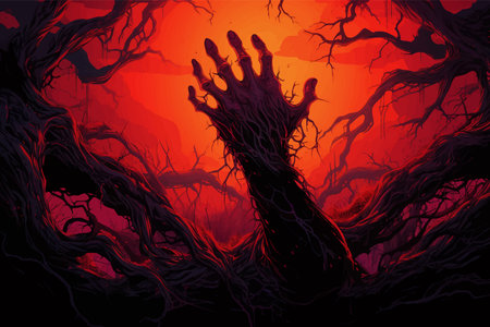 Monster hand with claws. Zombie hand coming out of the ground. Zombie hands. Hand in the forest with...