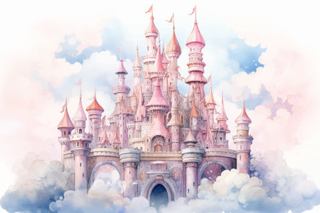 Princess Castle. Magic Pink Castle in the clouds. Fantasy world. Fairytale landscape. Cartoon Castle in the blue sky. Pink clouds. Flowers. Kingdom. Magic tower. Fairy cityの素材