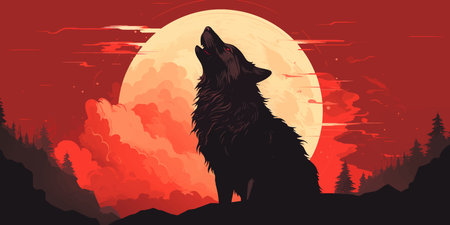 Wolf howling at the moon. Silhouette of Wolf in front of a full moon. Night. Forest. Wolf in the mountains at sunset. Werewolf.  Blood moon. Vector illustrationの写真素材