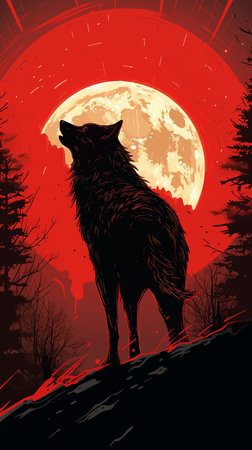 Wolf howling at the moon. Silhouette of Wolf in front of a full moon. Night. Forest. Wolf in the mountains at sunset. Werewolf. Blood moon. Vector illustrationの写真素材