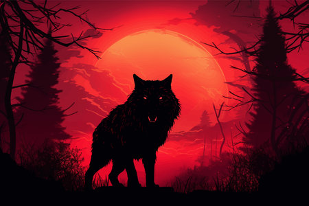 Wolf howling at the moon. Silhouette of Wolf in front of a full moon. Night. Forest. Wolf in the mountains at sunset. Werewolf. Blood moon. Vector illustrationの写真素材