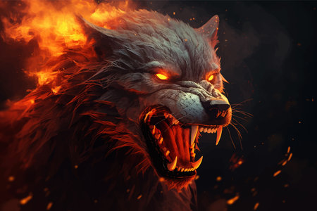 Angry Wolf howling in fire with flames and flames. Roaring wolf. Wolf with fire on a black. Wolf...