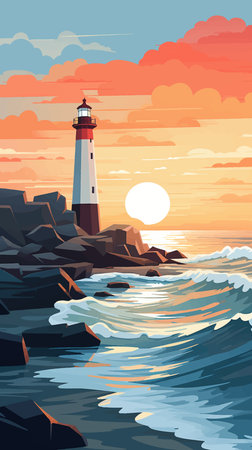 Lighthouse In the middle of the sea at sunset. Lighthouse on the seashore. Lighthouse on the coast. lighthouse on the rocks. Sea waves at sunrise. Calm sea. Seascape. Vector artの写真素材