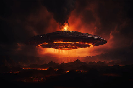 Futuristic spaceship in the fire. Futuristic alien spaceship flying in deep space with planets.  Flying saucer in the night sky. Fantasy. Transport of the future. Digital artの写真素材