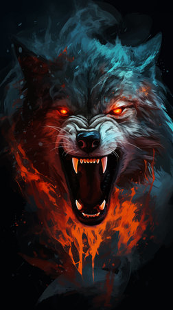 Angry Wolf howling in fire with flames and flames. Roaring wolf. Wolf with fire on a black. Wolf...