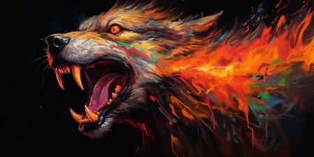 Angry Wolf howling in fire with flames and flames. Roaring wolf. Wolf with fire on a black. Wolf...