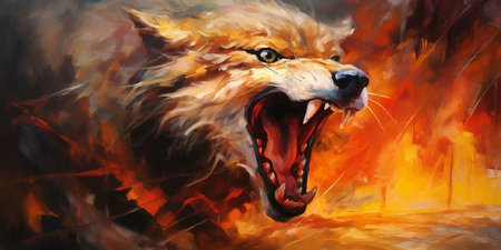 Angry Wolf howling in fire with flames and flames. Roaring wolf. Wolf with fire on a black. Wolf...