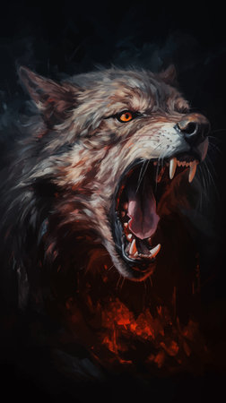 Angry Wolf howling in fire with flames and flames. Roaring wolf. Wolf with fire on a black. Wolf...