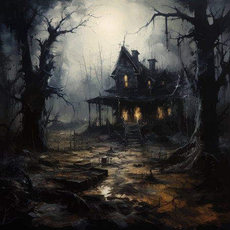 Wooden Haunted house and full moon. Spooky Old Haunted house in spooky dark forest. Haunted house in the night forest. Moonlight. Witch's house. Mystical. Halloween concept. Vectorの写真素材