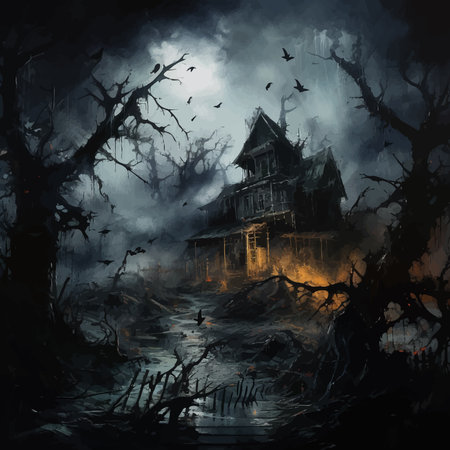 Wooden Haunted house and full moon. Spooky Old Haunted house in spooky dark forest. Haunted house in the night forest. Moonlight. Witch's house. Mystical. Halloween concept. Vectorの写真素材