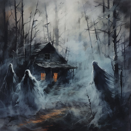 Wooden Haunted house and full moon. Spooky Old Haunted house in spooky dark forest. Haunted house in the night forest. Moonlight. Witch's house. Mystical. Halloween concept. Vectorの写真素材