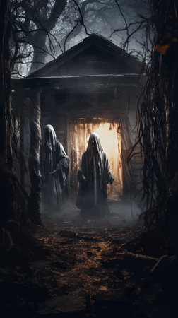 Wooden Haunted house and full moon. Spooky Old Haunted house in spooky dark forest. Haunted house in...