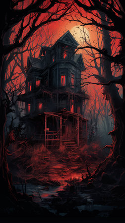Wooden Haunted house and full moon. Spooky Old Haunted house in spooky dark forest. Haunted house in the night forest. Moonlight. Witch's house. Mystical. Halloween concept. Vectorの写真素材