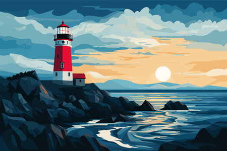 Lighthouse In the middle of the sea at sunset. Lighthouse on the seashore. Lighthouse on the coast. lighthouse on the rocks. Sea waves at sunrise. Calm sea. Seascape. Vector artの写真素材