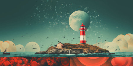 Lighthouse In the middle of the sea. Lighthouse on the seashore. Lighthouse on the coast. lighthouse on the rocks. Blue sky. Sea waves. Calm sea. Seascape. Vector illustrationの写真素材