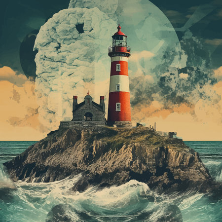 Lighthouse In the middle of the sea. Lighthouse on the seashore. Lighthouse on the coast. lighthouse on the rocks. Blue sky. Sea waves. Calm sea. Seascape. Vector illustrationの写真素材