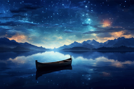 Lonely empty boat in the middle of the sea. wooden Small fishing boat in the ocean. Night Seascape. Landscape with a lake and a starry sky. Sky with stars. Boat on the water. Artの写真素材