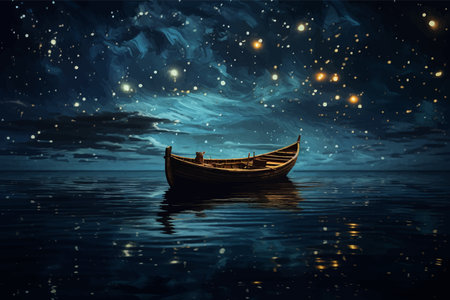 Lonely empty boat in the middle of the sea. wooden Small fishing boat in the ocean. Night Seascape. Landscape with a lake and a starry sky. Sky with stars. Boat on the water. Artの写真素材