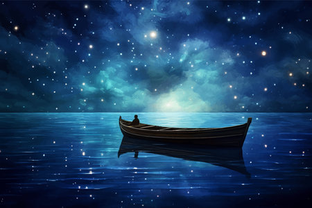 Lonely empty boat in the middle of the sea. wooden Small fishing boat in the ocean. Night Seascape. Landscape with a lake and a starry sky. Sky with stars. Boat on the water. Artの写真素材