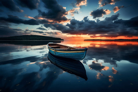 Lonely empty boat in the middle of the sea. wooden Small fishing boat in the ocean. Night Seascape. Landscape with a lake and a starry sky. Sky with stars. Boat on the water. Artの写真素材