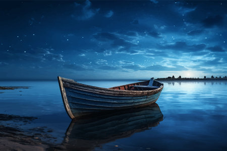 Lonely empty boat in the middle of the sea. wooden Small fishing boat in the ocean. Night Seascape. Landscape with a lake and a starry sky. Sky with stars. Boat on the water. Artの写真素材