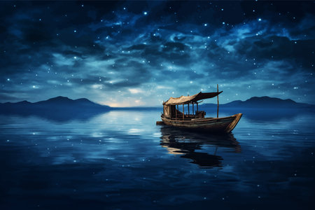 Lonely empty boat in the middle of the sea. wooden Small fishing boat in the ocean. Night Seascape. Landscape with a lake and a starry sky. Sky with stars. Boat on the water. Artの写真素材