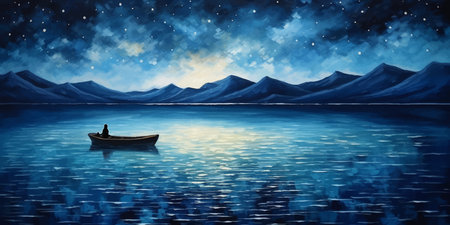 Lonely empty boat in the middle of the sea. wooden Small fishing boat in the ocean. Night Seascape. Landscape with a lake and a starry sky. Sky with stars. Boat on the water. Artの写真素材
