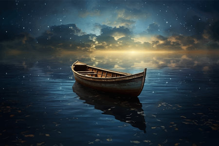Lonely empty boat in the middle of the sea. wooden Small fishing boat in the ocean. Night Seascape....