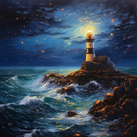 Lighthouse In the middle of the sea. Lighthouse on the seashore. Lighthouse on the rocky coast. Lighthouse on the rocks. Night. Starry sky. Sea waves. Calm sea. Seascape. Vectorの写真素材