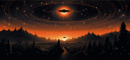 Futuristic spaceship in the fire. Futuristic alien spaceship flying in deep space with planets....