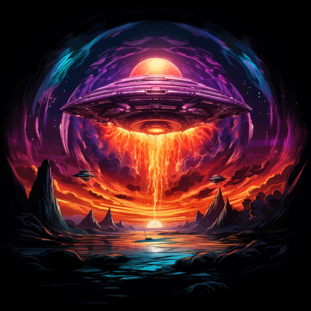 Futuristic spaceship in the fire. Futuristic alien spaceship flying in deep space with planets....