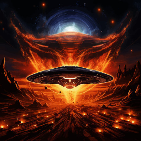 Futuristic spaceship in the fire. Futuristic alien spaceship flying in deep space with planets. Flying saucer in the night sky. Fantasy. Transport of the future. Digital artの写真素材