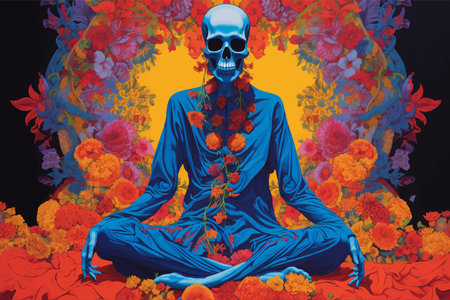 Human skeleton meditating in lotus pose. Man in lotus position. Meditation in fantasy world. Glowing light. Concept Psychological Health. Symbol of calm. Pure mind. Pacificationの素材