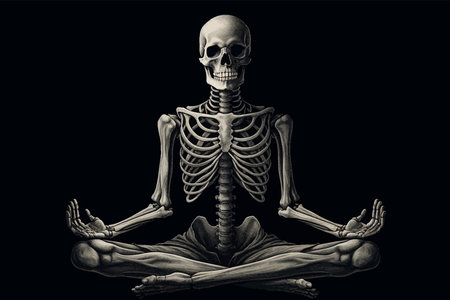 Human skeleton meditating in lotus pose. Man in lotus position. Meditation in fantasy world. Glowing light. Concept Psychological Health. Symbol of calm. Pure mind. Pacificationの素材