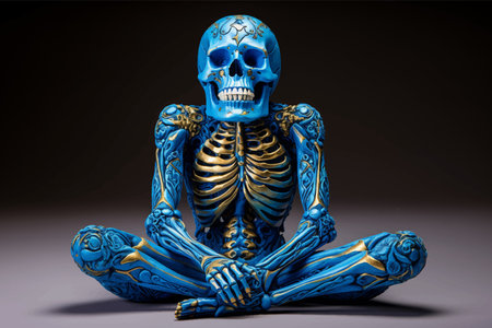 Human skeleton meditating in lotus pose. Man in lotus position. Meditation in fantasy world. Glowing light. Concept Psychological Health. Symbol of calm. Pure mind. Pacificationの素材
