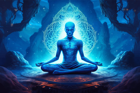 Human skeleton meditating in lotus pose. Man in lotus position. Meditation in fantasy world. Glowing light. Concept Psychological Health. Symbol of calm. Pure mind. Pacificationの素材