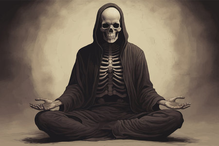 Human skeleton meditating in lotus pose. Man in lotus position. Meditation in fantasy world. Glowing light. Concept Psychological Health. Symbol of calm. Pure mind. Pacificationの素材