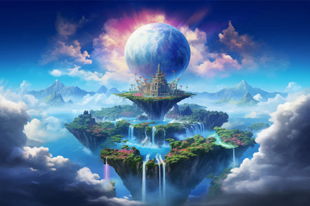 Fantasy island floating in the blue sky. City in the clouds. Temple on top of a mountain. Beautiful Waterfalls in the mountains. Rainforest. Castle in the sky. Fairy kingdom. Artの素材