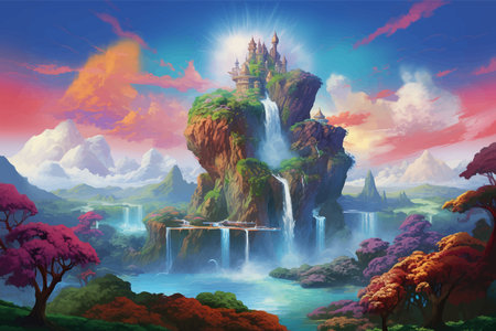 Fantasy island floating in the blue sky. City in the clouds. Temple on top of a mountain. Beautiful Waterfalls in the mountains. Rainforest. Castle in the sky. Fairy kingdom. Artの素材