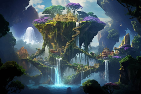 Fantasy island floating in the blue sky. City in the clouds. Temple on top of a mountain. Beautiful Waterfalls in the mountains. Rainforest. Castle in the sky. Fairy kingdom. Artの素材