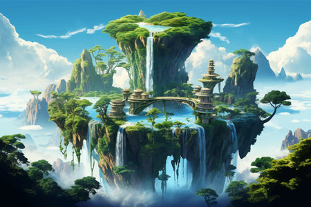 Fantasy island floating in the blue sky. City in the clouds. Temple on top of a mountain. Beautiful Waterfalls in the mountains. Rainforest. Castle in the sky. Fairy kingdom. Artの素材