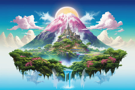 Fantasy island floating in the blue sky. City in the clouds. Temple on top of a mountain. Beautiful Waterfalls in the mountains. Rainforest. Castle in the sky. Fairy kingdom. Artの素材