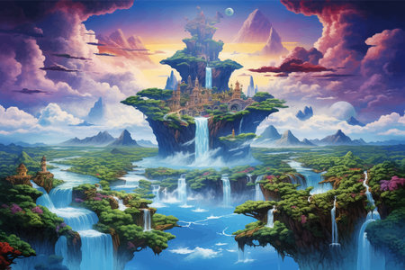 Fantasy island floating in the blue sky. City in the clouds. Temple on top of a mountain. Beautiful Waterfalls in the mountains. Rainforest. Castle in the sky. Fairy kingdom. Artの素材