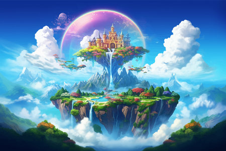 Fantasy island floating in the blue sky. City in the clouds. Temple on top of a mountain. Beautiful Waterfalls in the mountains. Rainforest. Castle in the sky. Fairy kingdom. Artの素材