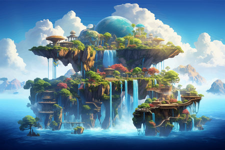 Fantasy island floating in the blue sky. City in the clouds. Temple on top of a mountain. Beautiful Waterfalls in the mountains. Rainforest. Castle in the sky. Fairy kingdom. Artの素材