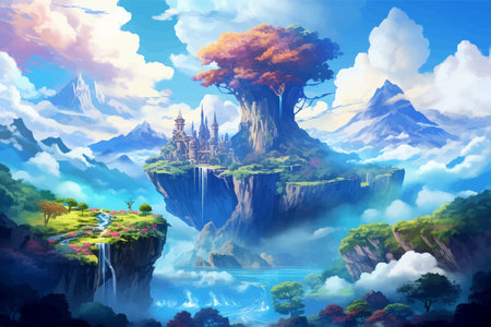 Fantasy island floating in the blue sky. City in the clouds. Temple on top of a mountain. Beautiful Waterfalls in the mountains. Rainforest. Castle in the sky. Fairy kingdom. Artの素材