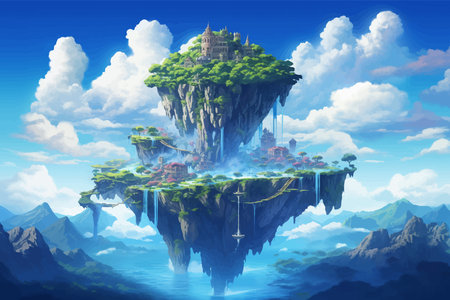 Fantasy island floating in the blue sky. City in the clouds. Temple on top of a mountain. Beautiful Waterfalls in the mountains. Rainforest. Castle in the sky. Fairy kingdom. Artの素材