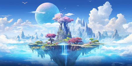 Fantasy island floating in the blue sky. City in the clouds. Temple on top of a mountain. Beautiful Waterfalls in the mountains. Rainforest. Castle in the sky. Fairy kingdom. Artの素材